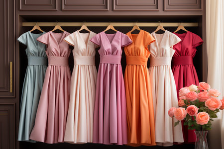 woman's colorful evening dresses in wardrobe in bedroom.の素材