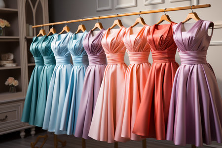 woman's colorful evening dresses in wardrobe in bedroom.の素材