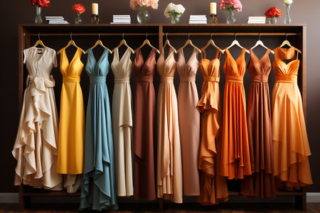 woman's colorful evening dresses in wardrobe in bedroom.の素材