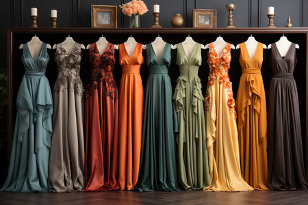 woman's colorful evening dresses in wardrobe in bedroom.の素材