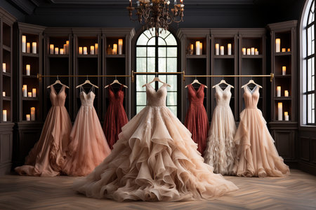 woman's pastel wedding dresses in wardrobe in bedroom.の素材