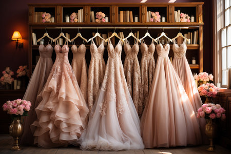 woman's pastel wedding dresses in wardrobe in bedroom.の素材