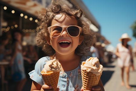 portrait of exciting preschool child with ice cream in summer.の素材