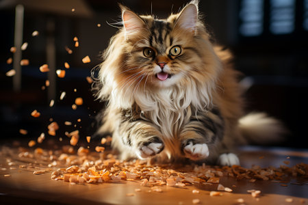 portrait of fluffy funny cat with cat's food.の素材