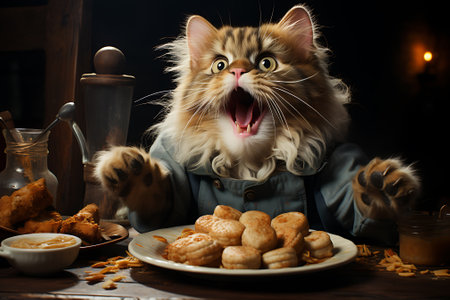 portrait of fluffy funny cat with cat's food.の素材
