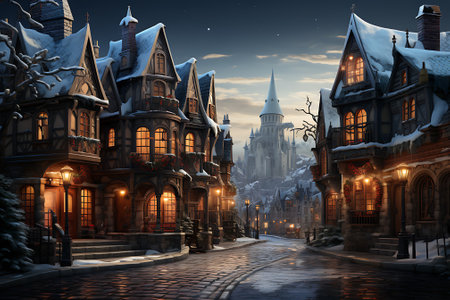 Christmas decorated santa's village , snowy weather, vintage style.の素材