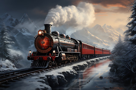 red christmas santa's train in snowy forest in winter.の素材