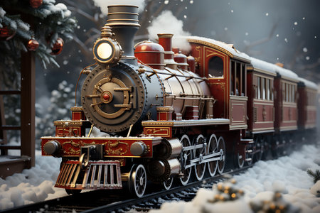 red christmas santa's train in snowy forest in winter.の素材