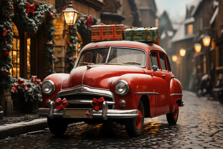 vintage car with christmas gifts on the roof.の素材