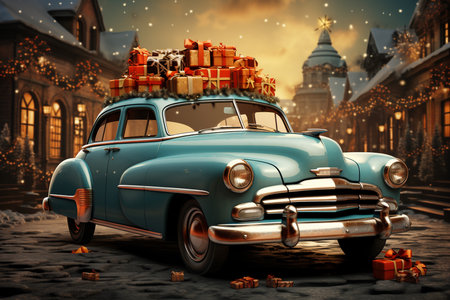 vintage car with christmas gifts on the roof.の素材