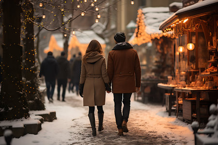 people in winter clothes walking along christmas market with golden lights.の素材