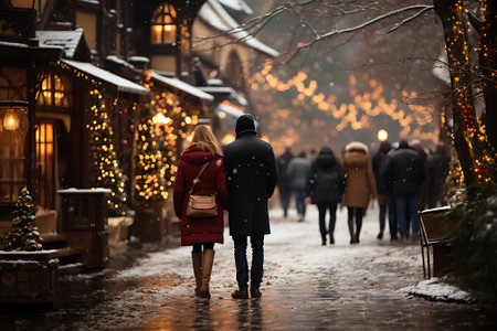 people in winter clothes walking along christmas market with golden lights.の素材