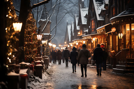 people in winter clothes walking along christmas market with golden lights.の素材
