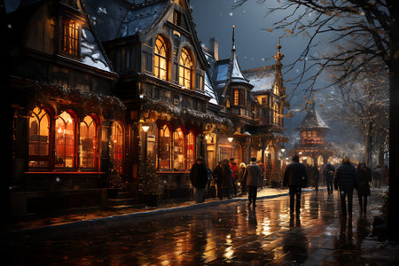 people in winter clothes walking along christmas market with golden lights.の素材