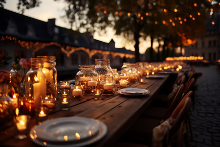 wedding table setting. decoration with lights, flowers and candles, festival table decor.の素材