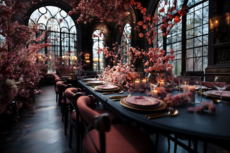 wedding table setting. decoration with lights, flowers and candles, festival table decor.の素材