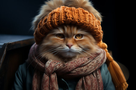 red cat in warm clothes in winter.の素材