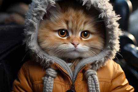 red cat in warm clothes in winter.の素材