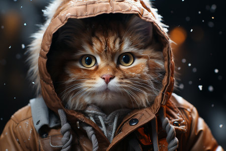 red cat in warm clothes in winter.の素材