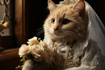 funny cat bride in white veil and dress.の素材