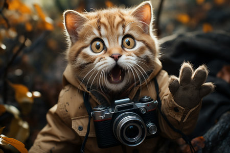 red cat with camera,cat photographer.の素材
