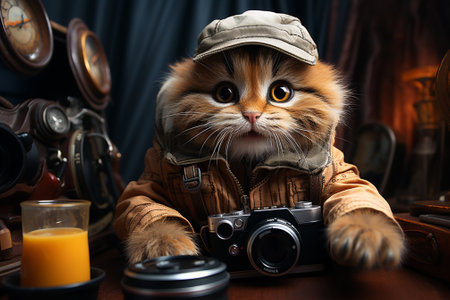 red cat with camera,cat photographer.の素材