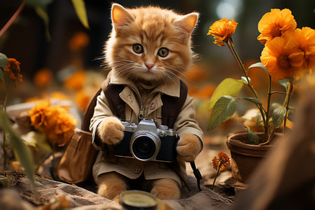 red cat with camera,cat photographer.の素材