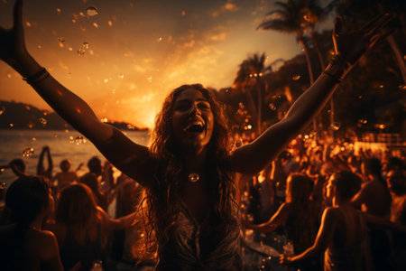 joyful crowd of people at the sunset on the party,festive event.の素材