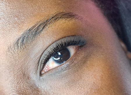 Close up of eye with eyelash extensions ,beauty salon treatment ,2d volume, 3d volume, classical lashes,Russian volume,megavolume, new set.の写真素材