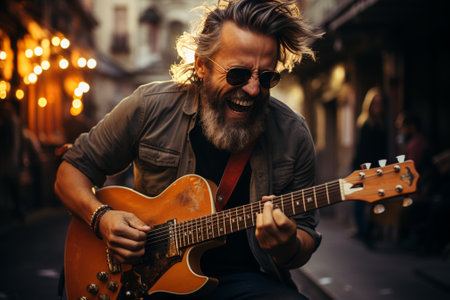 funny man playing guitar and singing song.の素材