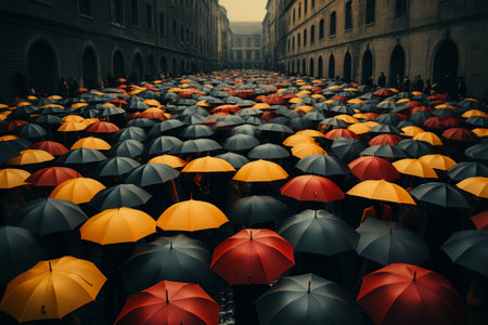crowd of people on the street in rainy day.の素材