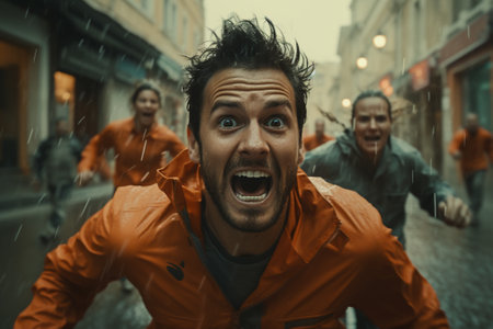 scared people running from heavy rainstorm on mallorca.の素材