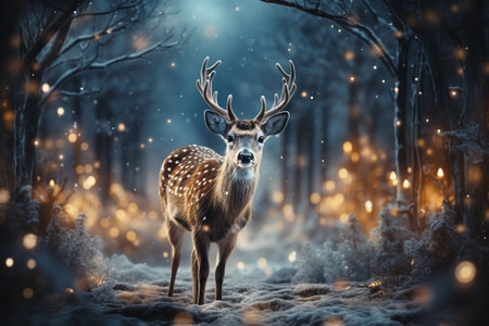 fairy reindeer in snow,christmas lights background.の素材