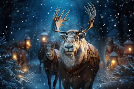 fairy reindeer in snow,christmas lights background.の素材