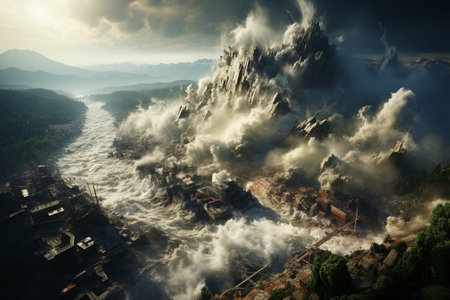 damaging after earthquake.trembling earth, crumbling structures, and the chaos that ensues.の素材