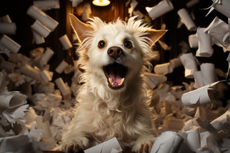 crazy happy dog doing mess at home.の素材
