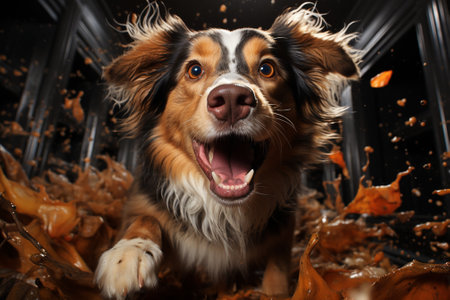 crazy happy dog doing mess at home.の素材