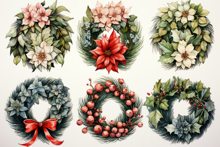 retro watercolor festive christmas wreath.の素材