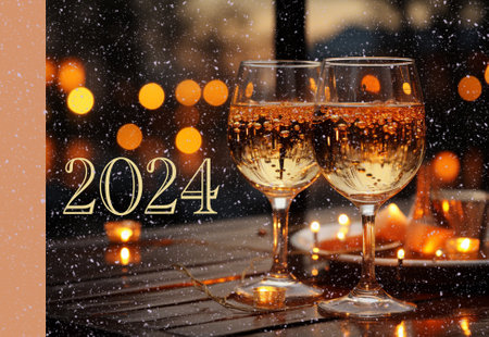 two festive glasses of sparkling champagne for new year 2024 celebration. High quality photoの素材