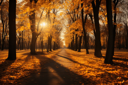 golden autumn forest background and wallpaper copy space.の素材