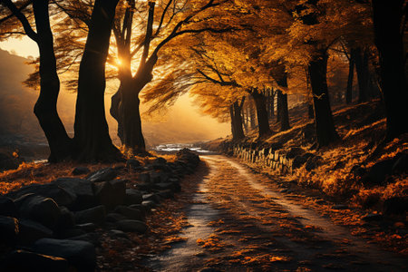 golden autumn forest background and wallpaper copy space.の素材