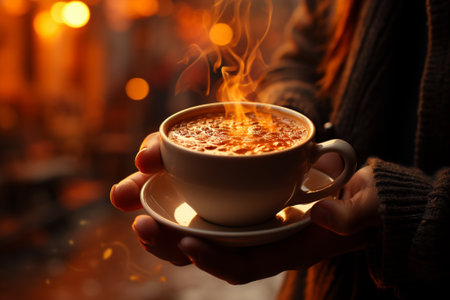 cup of aromatic coffee in hand on autumn forest background,cozy seasonの素材