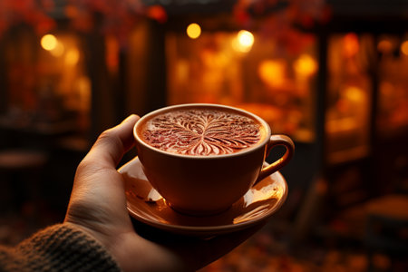 cup of aromatic coffee in hand on autumn forest background,cozy seasonの素材