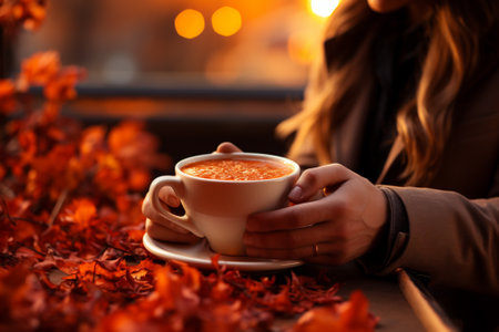 cup of aromatic coffee in hand on autumn forest background,cozy seasonの素材