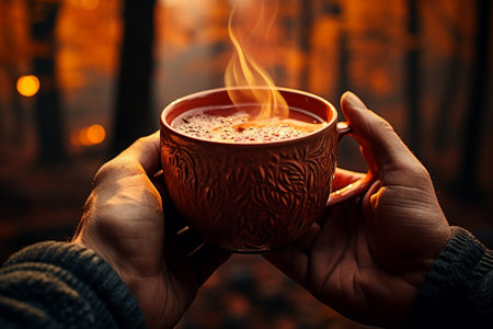 cup of aromatic coffee in hand on autumn forest background,cozy seasonの素材