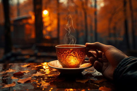 cup of aromatic coffee in hand on autumn forest background,cozy seasonの素材