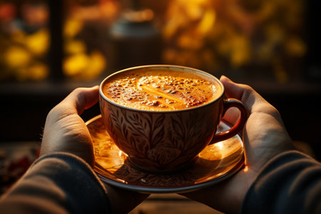 cup of aromatic coffee in hand on autumn forest background,cozy seasonの素材