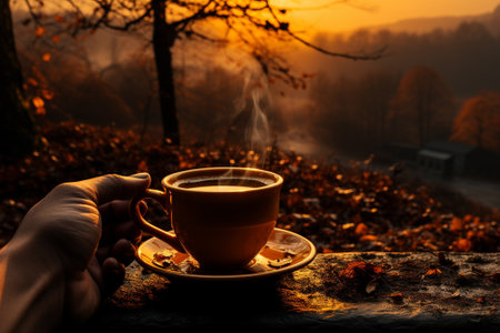 cup of aromatic coffee in hand on autumn forest background,cozy seasonの素材