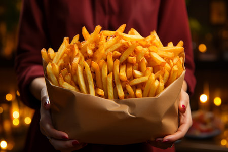 salty fried fries in paper bag, fast food.の素材