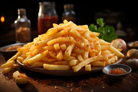 salty fried fries in paper bag, fast food.の素材